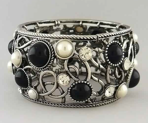 PEARL AND CRYSTAL DECO CASTING METAL STRETCH BRACELET