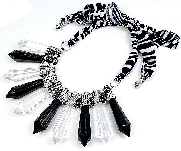 ZEBRA PATTERN FABRIC DROP FASHION ACRYL SPIKE BARS ON METAL MESH NECKLACE EARRING SET 