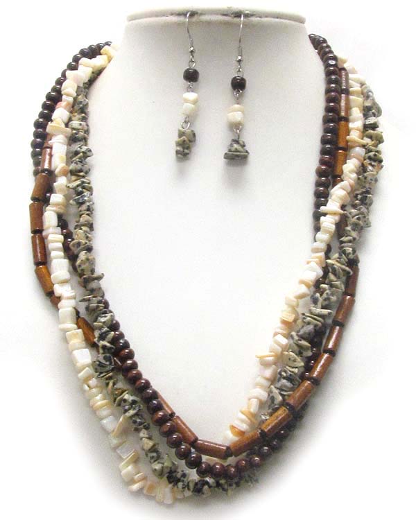 Wood and shell chips multi chain necklace earring set