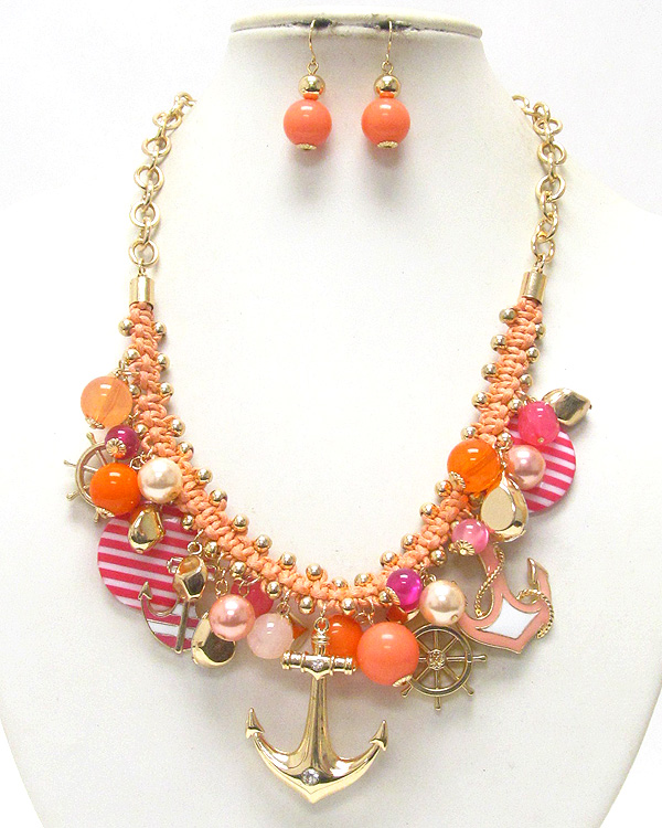 Crystal deco multi nautical theme anchor charm necklace earring set
