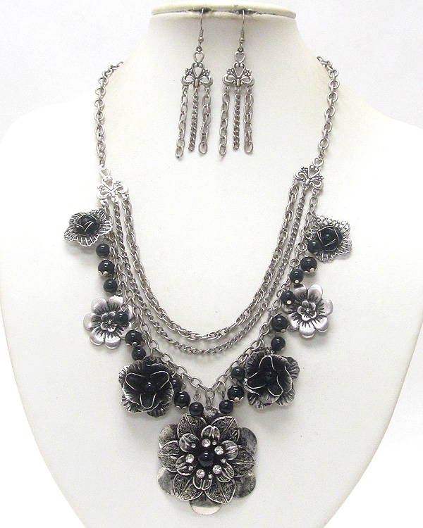 Antique style crystal stud flowers dangle  multi row chain necklace set