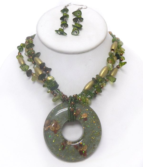 3 layer chip stones drop necklace set