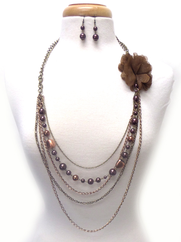 Layer pearl chain flower necklace set 