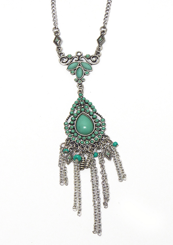 Bohemian style mini turquoise metal filigree tassel necklace