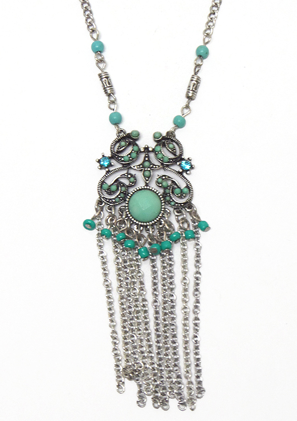 Bohemian style mini turquoise metal filigree tassel necklace