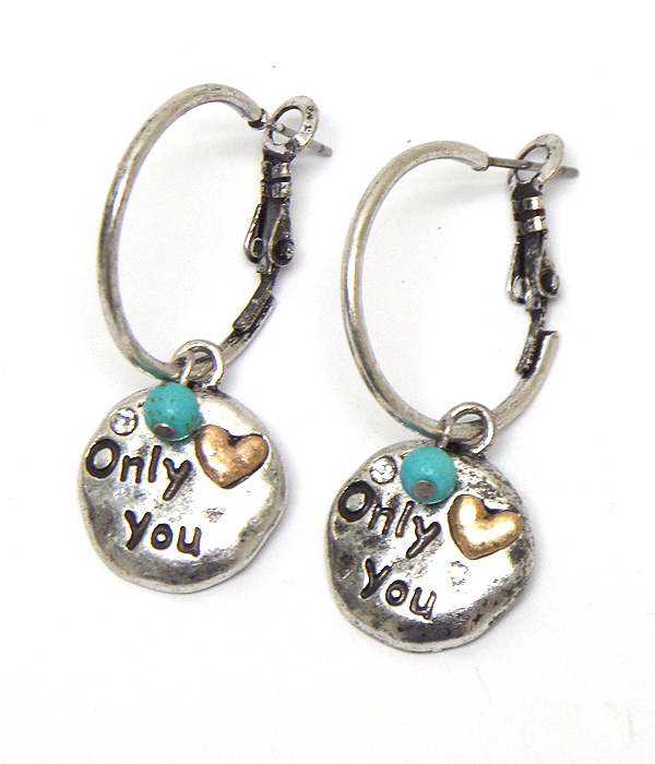 Vintage handmade style only you charm dangle earring