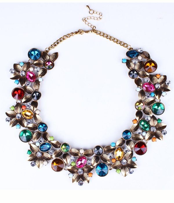 Multi color crystal stud vintage metal flower necklace