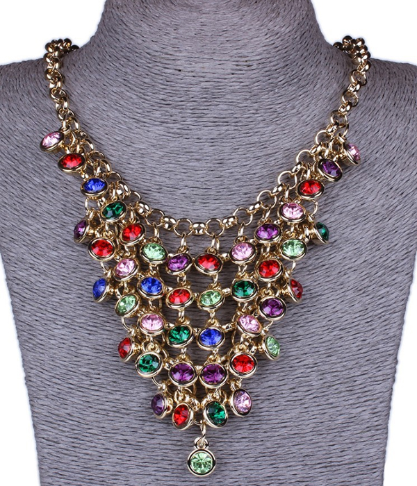 Multi crystal drop metal chain bib necklace