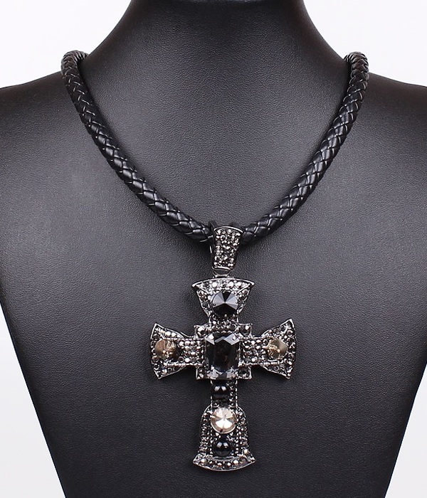 Large crystal deco cross pendant baided cord necklace