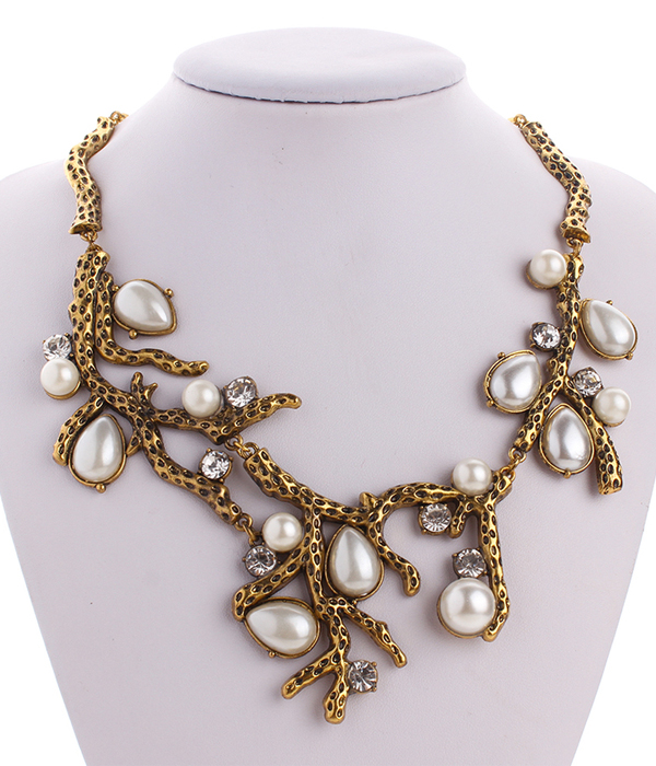 Vintage metal and pearl coral bib statement necklace