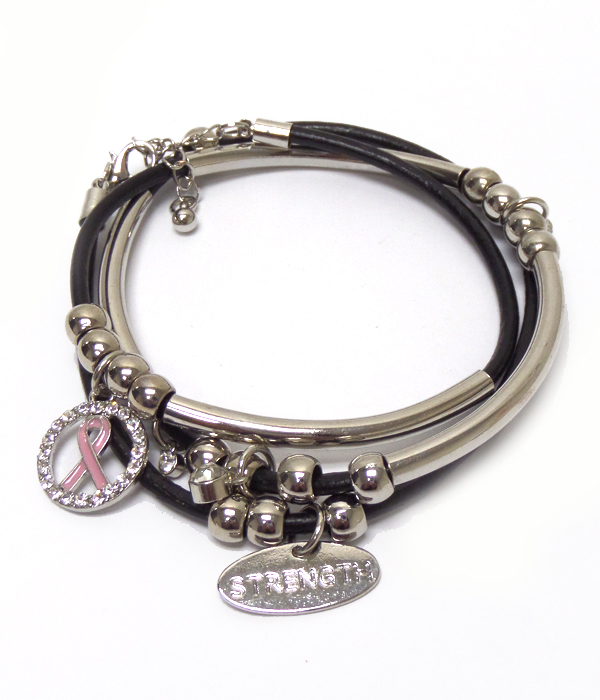 Breast cancer awareness pink ribbon charm multi row bracelet