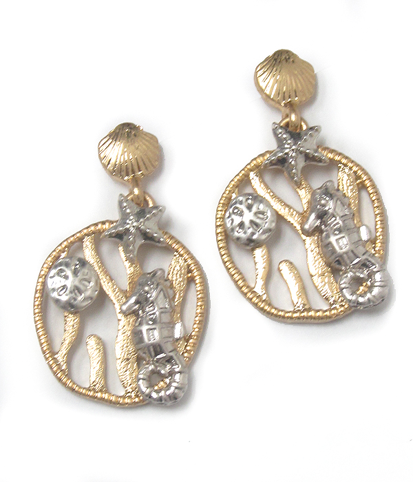 Two tone metal sealife theme earring - seahorse