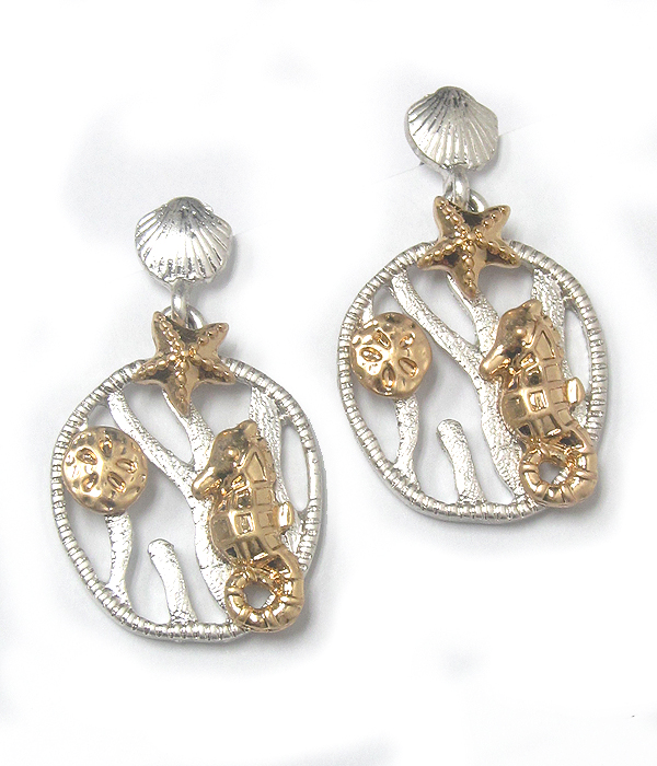 Two tone metal sealife theme earring - seahorse