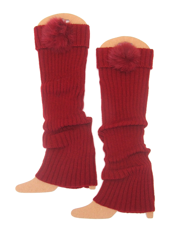 Fur ball accent long crochet leg warmer - boot cuffs