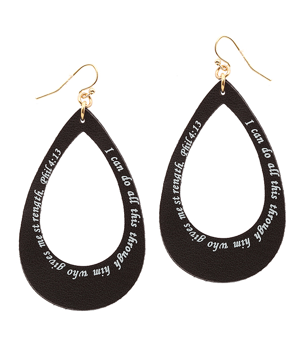 RELIGIOUS INSPIRATION MESSAGE LEATHER EARRING - TEARDROP - PHIL 4:13