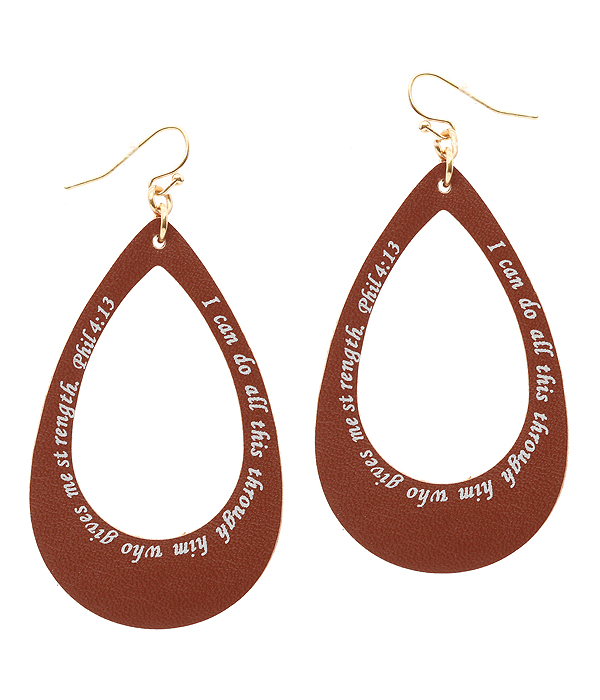 RELIGIOUS INSPIRATION MESSAGE LEATHER EARRING - TEARDROP - PHIL 4:13
