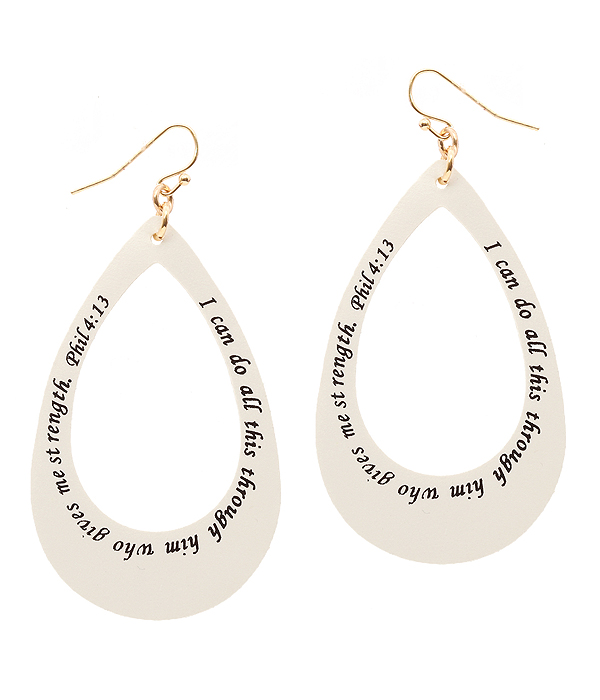 RELIGIOUS INSPIRATION MESSAGE LEATHER EARRING - TEARDROP - PHIL 4:13