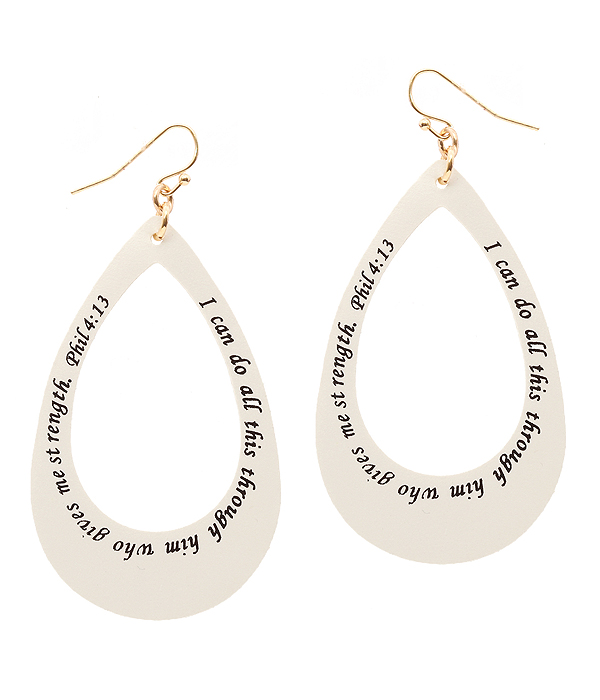 Religious inspiration message leather earring - teardrop - phil 4:13