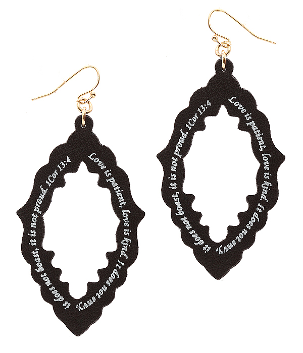 Religious inspiration message leather earring - quatrefoil - 1 cor 13:4