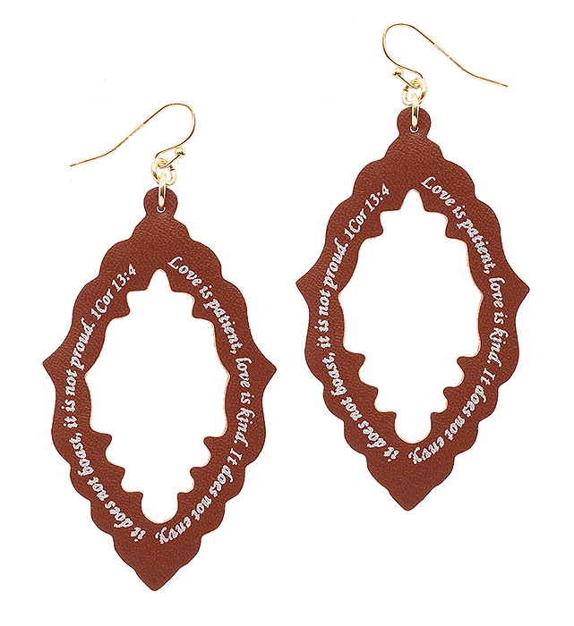 Religious inspiration message leather earring - quatrefoil - 1 cor 13:4
