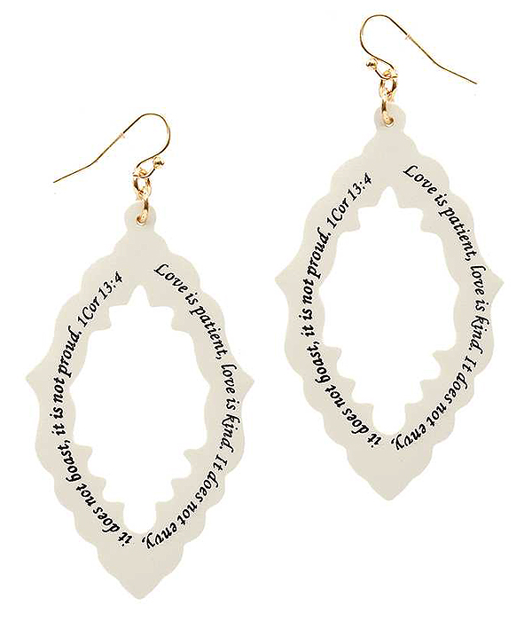 RELIGIOUS INSPIRATION MESSAGE LEATHER EARRING - QUATREFOIL - 1 COR 13:4