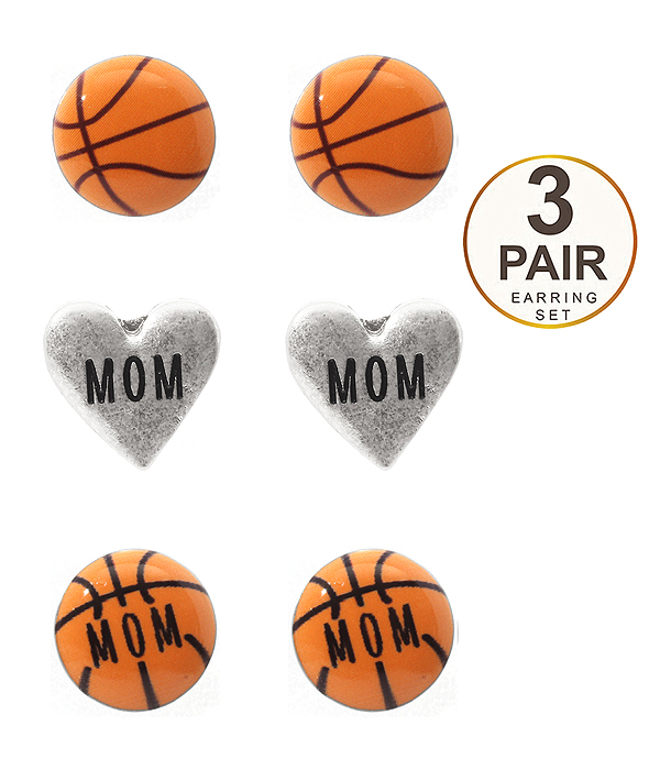 Sport theme 3 pair earring set - basketball