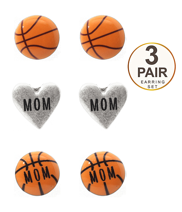 SPORT THEME 3 PAIR EARRING SET - BASKETBALL