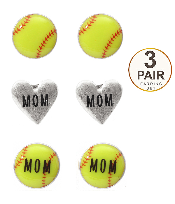 Sport theme 3 pair earring set - softball