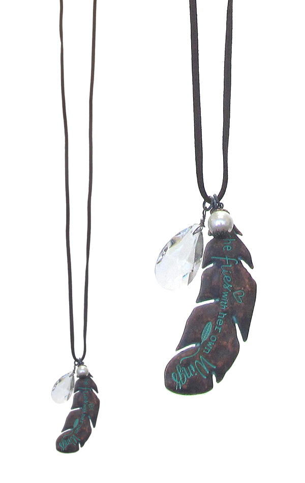 INSPIRATION MESSAGE FEATHER LONG NECKLACE - SHE FLIES WITH HER OWN WINGS