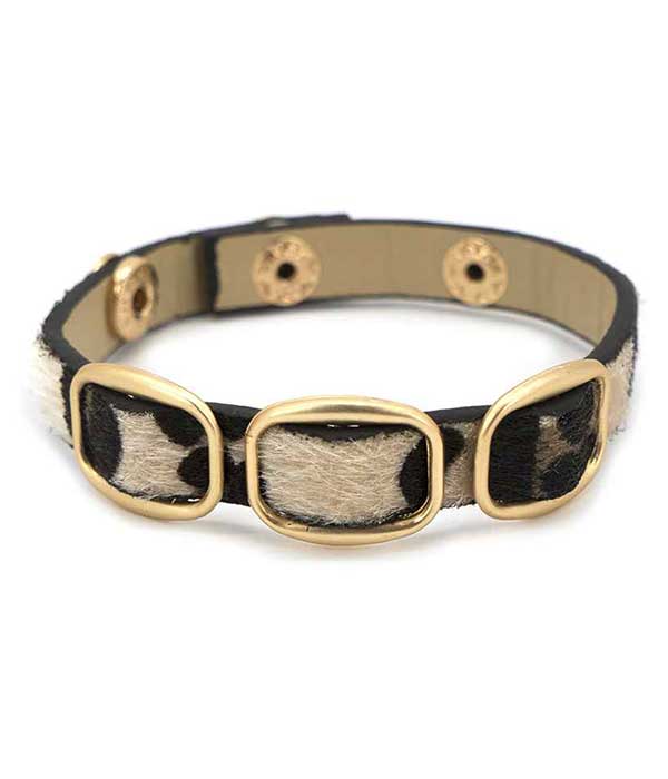Animal print leatherette belt button bracelet