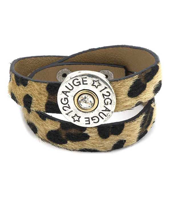 ANIMAL PRINT CRYSTAL CENTER BULLET DOUBLE WRAP BUTTON BRACELET