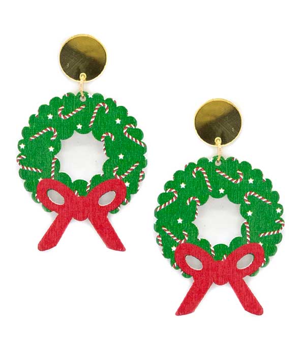 CHRISTMAS THEME WREATH WOOD EARRING - CANDY CANE