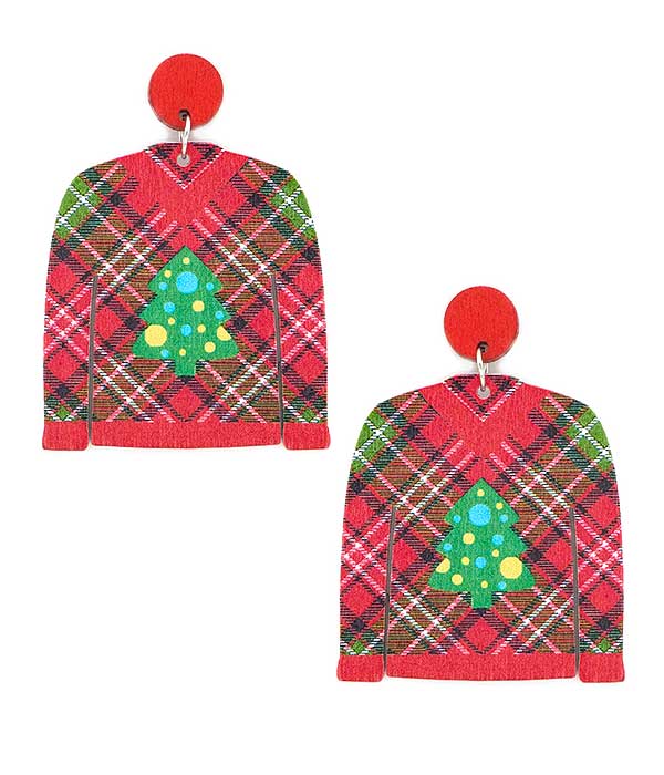 CHRISTMAS THEME UGLY SHIRT WOOD EARRING - PLAID PATTERN