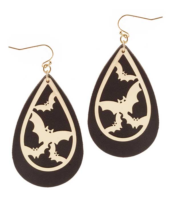 HALLOWEEN THEME SHEET METAL AND LEATHERETTE TEARDROP EARRING - BAT