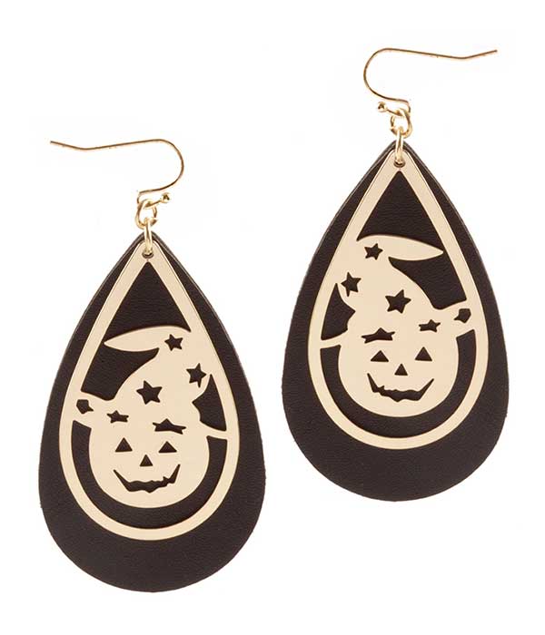 HALLOWEEN THEME SHEET METAL AND LEATHERETTE TEARDROP EARRING - PUMPKIN