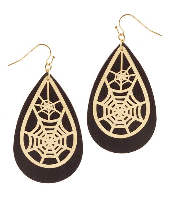 HALLOWEEN THEME SHEET METAL AND LEATHERETTE TEARDROP EARRING - SPIDER WEB