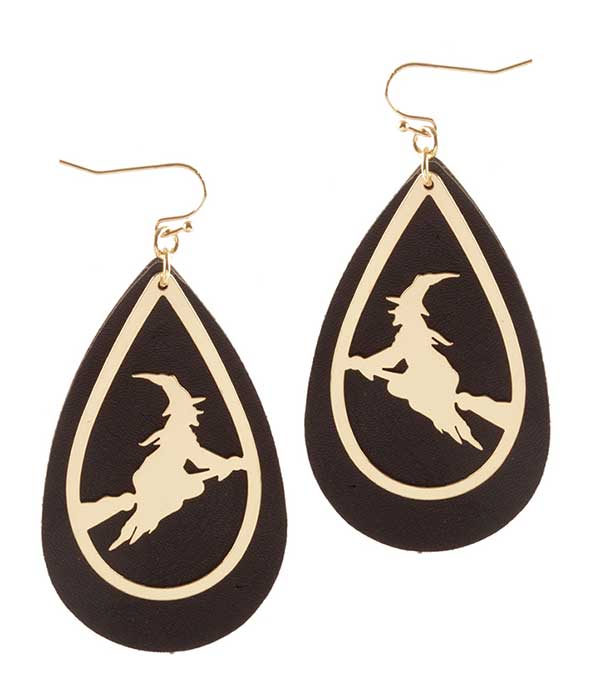 HALLOWEEN THEME SHEET METAL AND LEATHERETTE TEARDROP EARRING - WITCH
