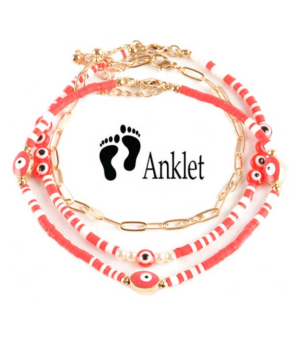 EVIL EYE MULTI BEAD 3 ANKLET SET