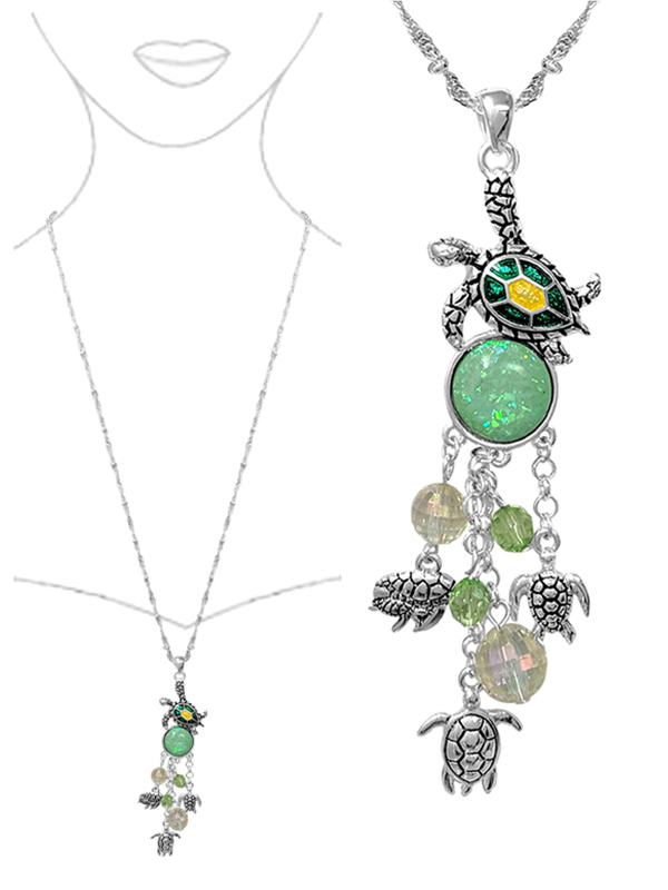 Sealife theme multi charm drop long necklace - turtle