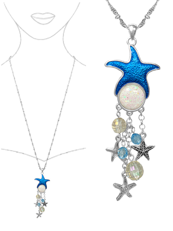 SEALIFE THEME MULTI CHARM DROP LONG NECKLACE - STARFISH