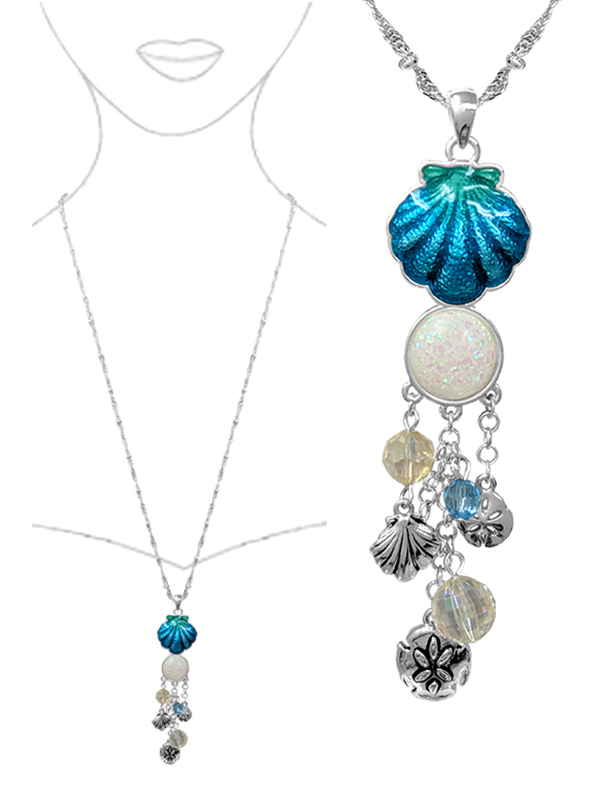 SEALIFE THEME MULTI CHARM DROP LONG NECKLACE - SHELL