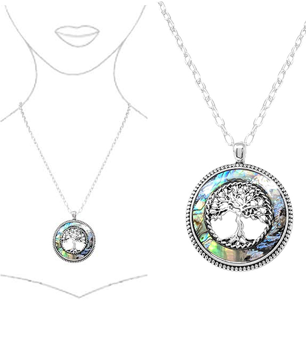 ABALONE DISC PENDANT NECKLACE - TREE OF LIFE