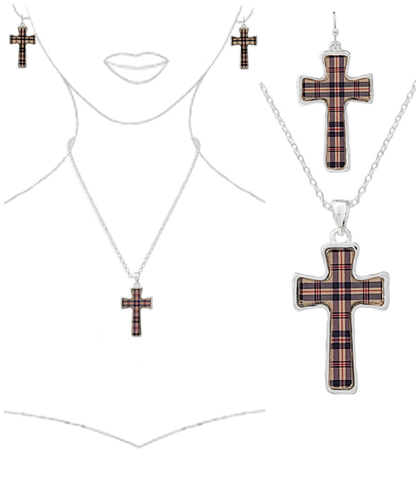 Plaid pattern cross necklace set