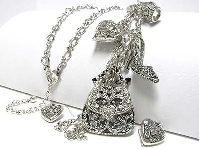 Metal filigree handbag shoe crown charm dangle long necklace earring set