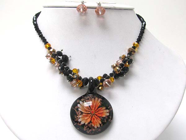 Murano round pendant crystal cut glass beads necklace earring set