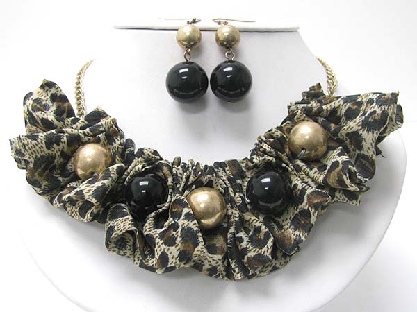 Leopard pattern chiffon and metal ball necklace earring set