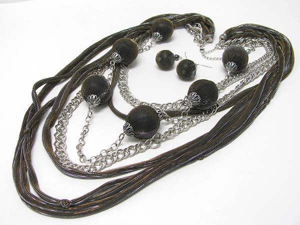 Multi mesh chiffon wrapped ball and strand necklace earring set