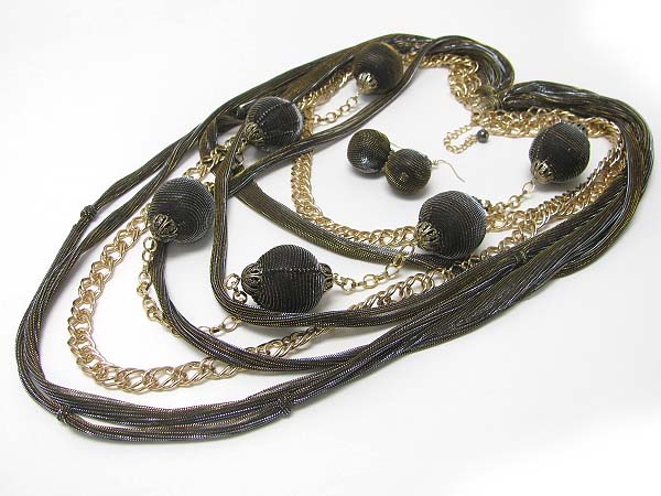 Multi mesh chiffon wrapped ball and strand necklace earring set