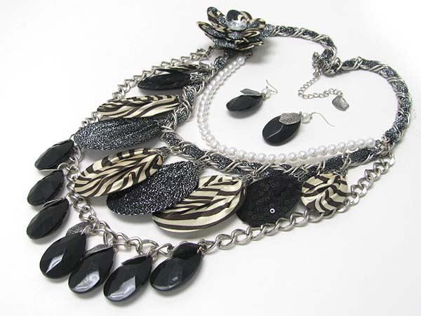 Animal pattern chiffon wrapped multi disk and tear drop dangle necklace earring set