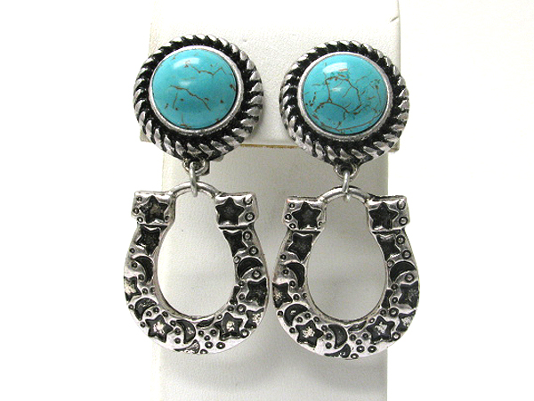 Metal casting and turquoise deco horse shoe clip earrings